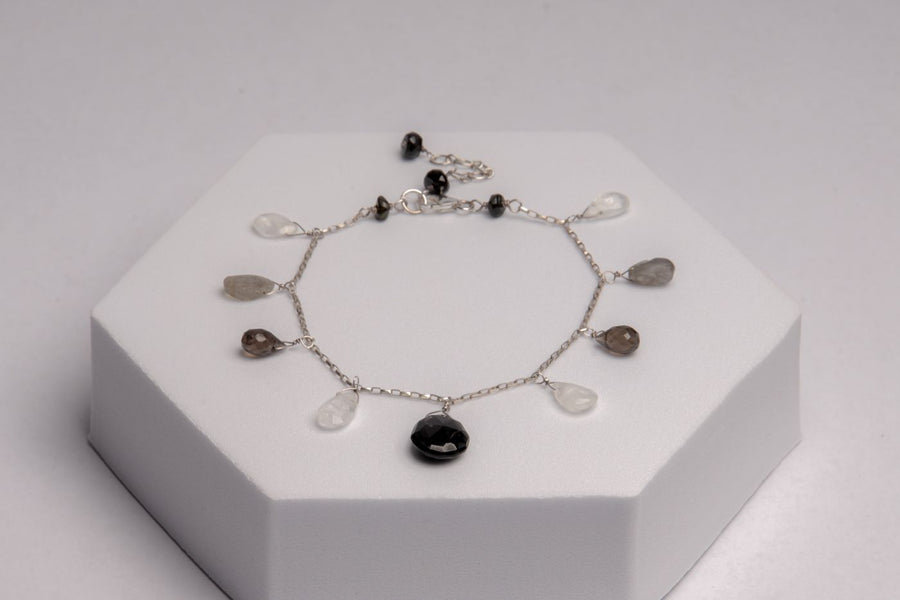 Silver Bracelet with Black Moonstone and Smoky Quartz